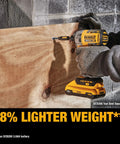 Person using drill with 20V Max Battery Pack 3.0Ah, 2-Pack With LED Fuel Gauge, No Memory, Low Self-Discharge on wooden plank