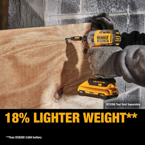 Person using drill with 20V Max Battery Pack 3.0Ah, 2-Pack With LED Fuel Gauge, No Memory, Low Self-Discharge on wooden plank