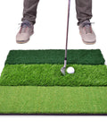 Tri Turf XL Golf Hitting Mat 24x24 Inches For Indoor And Outdoor Practice in use with golfer, showing three turf layers and ball.