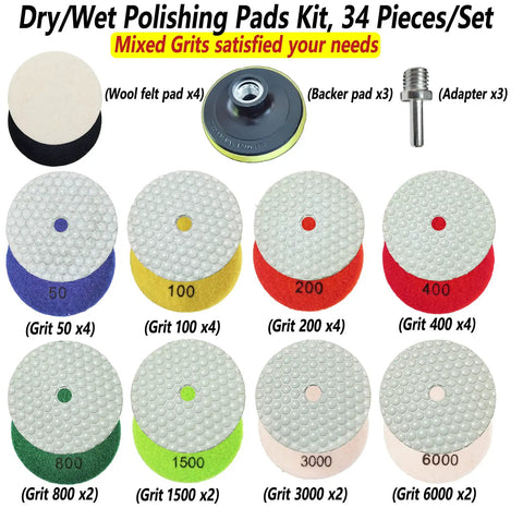 4 Inch Dry And Wet Diamond Polishing Pad Kit For Granite Marble Quartz Concrete Stone Tiles 34 Piece Set display with grits
