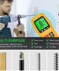 GYZOUKA Wall Scanner Stud Detector for Wood Metal Live AC Wire Locating showing features and uses with a user holding a drill.