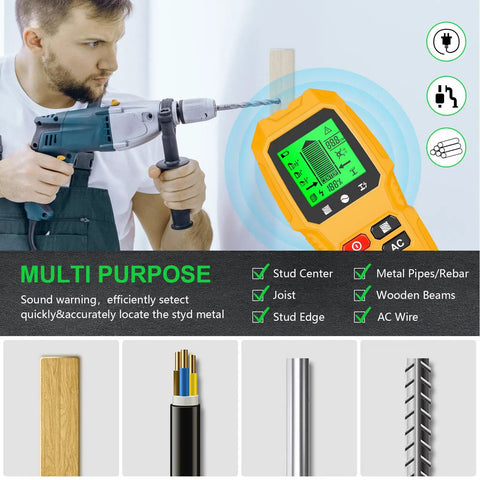 GYZOUKA Wall Scanner Stud Detector for Wood Metal Live AC Wire Locating showing features and uses with a user holding a drill.