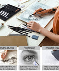 Person using 22 Piece Sketching Pencil Set For Drawing With Graphite Pencils 12B To 2H Plus Black And White Charcoal Pencils, erasers on table.