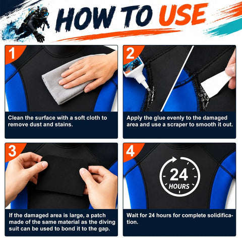 Instructions for using 120 Gram Flexible Wetsuit Repair Adhesive Wader Patch Kit to mend tears in diving suits.