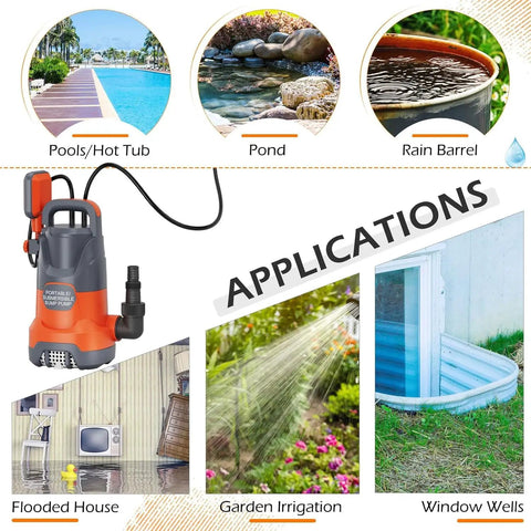 Real Heavy Lifter Submersible Sump Pump With Auto Float Switch 1 5 Hp Motor Shoving 5500 Gph for flooded house and garden irrigation applications.