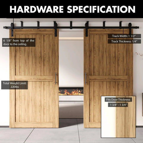 Black Rustic Ceiling Mount Sliding Barn Door Hardware Kit For Double Doors, 18ft Flat Track, No Clearance Needed kit installed
