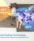 Three In One Portable Evaporative Air Cooler With 1400ml Water Tank in living room showing cooling effect with temperature display