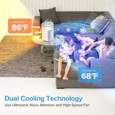 Three In One Portable Evaporative Air Cooler With 1400ml Water Tank in living room showing cooling effect with temperature display