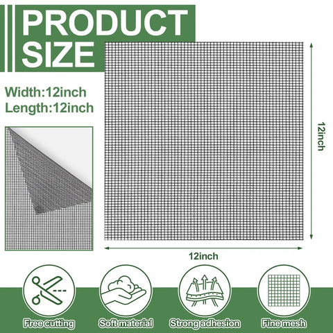 Extra Wide 12x12 Window Screen Patch Kit showing size, black fiberglass mesh tape with strong adhesive 12x12 inches