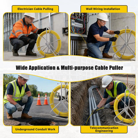 Heavy Duty Pro Grade Fiberglass Fish Tape 656 Ft Duct Rodder Wire Puller With Steel Reel Stand For Walls And Electrical Conduit Built To Last Ultra Flexible High Tensile Fiberglass Rod Easy Through Tight Bends With 13 Inch Minimum Radius, electricians using yellow reel