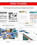 Image showing media versatility with black and white documents, color documents, photos, and envelopes printed by G3290 All In One Wireless Supertank Printer With High Yield Ink Print Copy Scan Mobile Printing Two Point Seven Inch Color Touchscreen Auto Two Sided Printing Two Years Ink Included And Big Savings On Ink Costs.