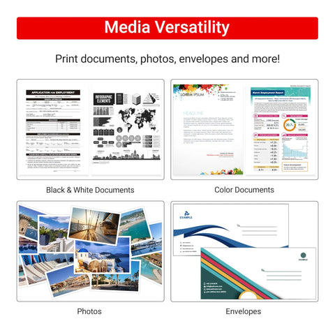 Image showing media versatility with black and white documents, color documents, photos, and envelopes printed by G3290 All In One Wireless Supertank Printer With High Yield Ink Print Copy Scan Mobile Printing Two Point Seven Inch Color Touchscreen Auto Two Sided Printing Two Years Ink Included And Big Savings On Ink Costs.