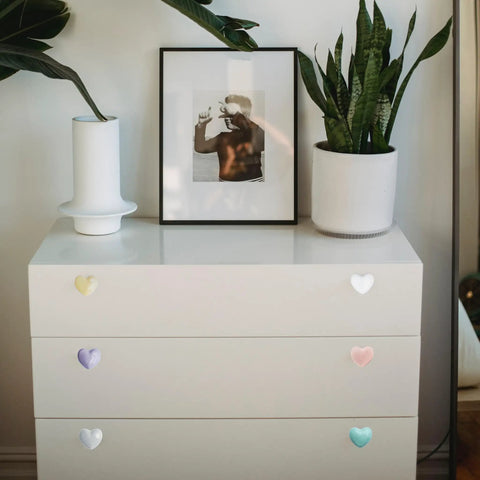 White dresser with colorful ceramic heart drawer knobs set with three screw sizes cute heart cabinet handles for dresser closet wardrobe cupboard