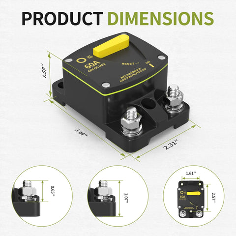 Diagram of Waterproof 60 Amp 12V DC Circuit Breaker for Marine and Auto Use with Manual Reset, showing dimensions and details.