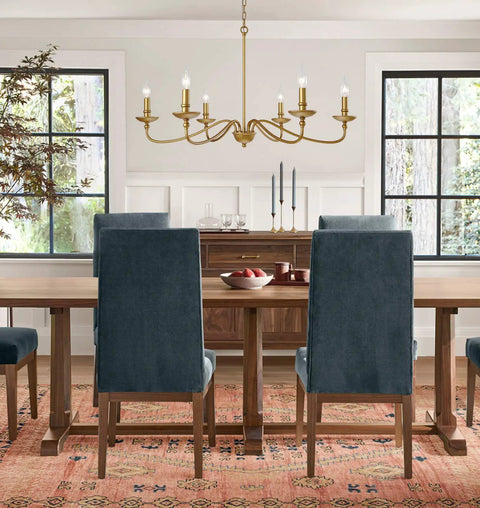 Dining room with Massive 36 Inch Classic Candelabra Farmhouse Chandelier With Six Candle Lights Antique Gold Painted Iron Pendant Ceiling Light Fixture For Dining Rooms And Large Spaces Vintage Style Indoor Lighting.