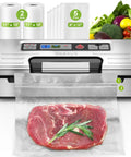 95kPa Vacuum Sealer With OneTouch Auto Vac And Seal, Double Heat Seal sealing meat with built-in bag storage, sleek silver