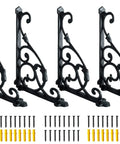 4 Pack Badass Cast Iron Shelf Brackets 11 By 7.5 Inch Antique Black Corbels With Screws And Anchors, detailed vintage vine pattern.
