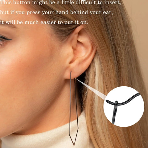 Close-up of ear wearing 18k Gold Large V Shaped Dangle Earrings For Women, Lightweight Geometric Wire Earrings, focus on clasp detail