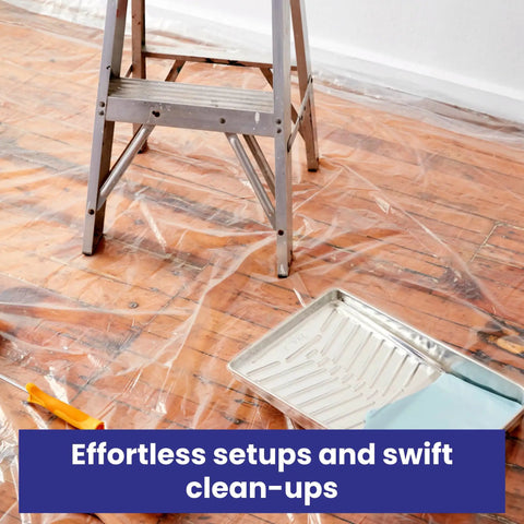 Ladder and paint tray on plastic sheeting for furniture protection, 2 Pack Heavy Duty Plastic Drop Cloth 9x12 Feet Waterproof Clear Tarp.
