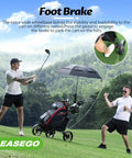 Three Wheel Golf Push Cart Quick Fold Large Platform Rolls Smooth As Butter Across Any Course Holds Drinks Phones Umbrellas Straight Up Knockout For Weekend Golfers Black featuring a foot brake and umbrella.