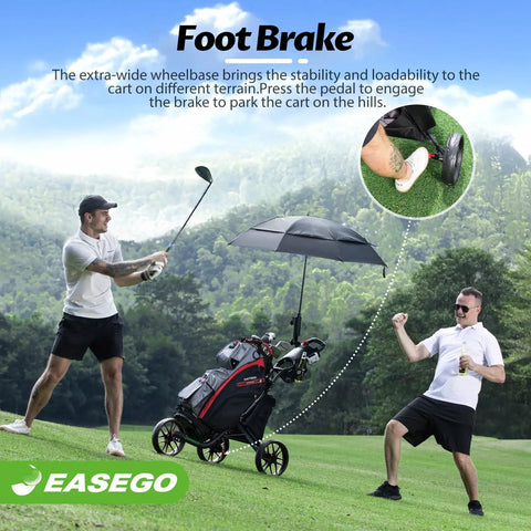 Three Wheel Golf Push Cart Quick Fold Large Platform Rolls Smooth As Butter Across Any Course Holds Drinks Phones Umbrellas Straight Up Knockout For Weekend Golfers Black featuring a foot brake and umbrella.