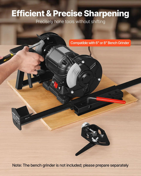 All In One Grind Sharpening System With Vari Grind Pro Jig For 6 Inch And 8 Inch Bench Grinders Includes Platform Long Support Arm Fingernail Gouge Jig Perfect For Chisels Woodturning Tools Plane Irons shown with arm and jig on wooden platform