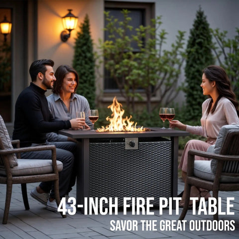 Group enjoying Propane Fire Pit Table 43 Inch Rectangle Outdoor Gas Fire Pit for Patio Balcony and Backyard 2 in 1 Dining Table