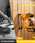 Cordless Brad Nailer 18 Gauge Electric Finish Nail Gun With Two High Capacity Batteries And 200 Piece Kit in use on a wood panel.