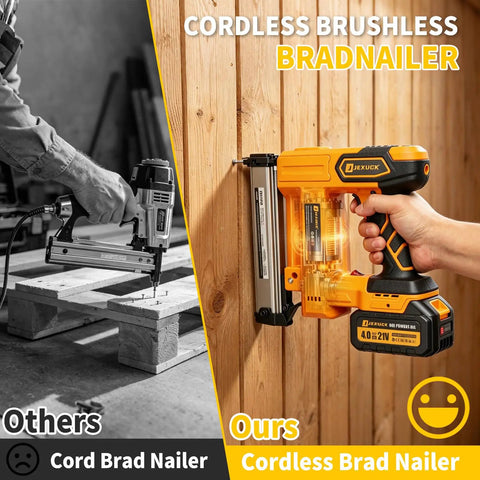 Cordless Brad Nailer 18 Gauge Electric Finish Nail Gun With Two High Capacity Batteries And 200 Piece Kit in use on a wood panel.