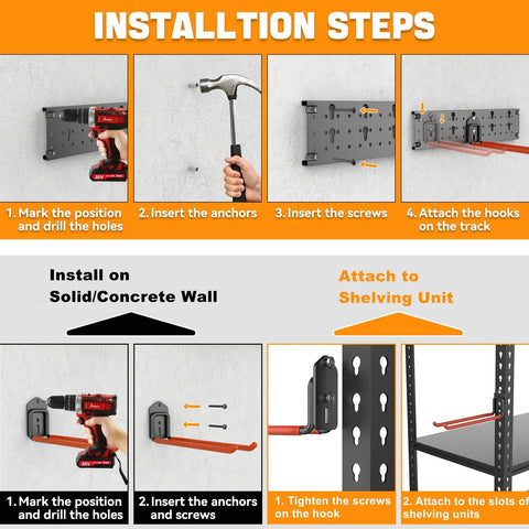Installation steps for Wall Mount Garden Tool Organizer And Garage Space Saver Storage Rack For Shovels Rakes Brooms Ladders And Folding Chairs Keep Your Space Clutter Free With Keyhole Shelving Compatibility And Easy Hanging Hooks.