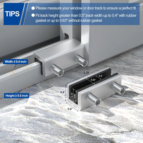8 sets sliding window locks with aluminum security door window stoppers, adjustable and child-proof for home safety, showing installation tips.