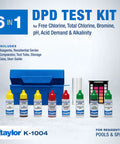 K-1004 DPD 6-In-1 Pool Test Kit Checks Free Chlorine Total Bromine pH And Acid Demand Fast Results In Tote on display.