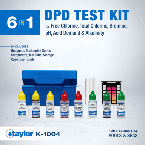 K-1004 DPD 6-In-1 Pool Test Kit Checks Free Chlorine Total Bromine pH And Acid Demand Fast Results In Tote on display.