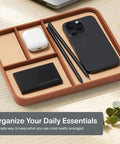 Snap Up This Dope Sand Brown Leather Valet EDC Tray to Sort Your Daily Essentials Watch and Change While Keeping Your Desk or Nightstand Clutter Free and Looking Fresh in Medium Size with phone and accessories.
