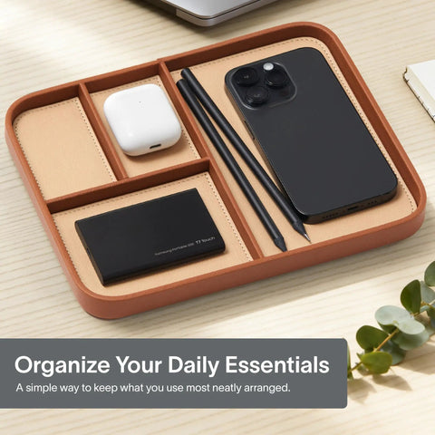 Snap Up This Dope Sand Brown Leather Valet EDC Tray to Sort Your Daily Essentials Watch and Change While Keeping Your Desk or Nightstand Clutter Free and Looking Fresh in Medium Size with phone and accessories.