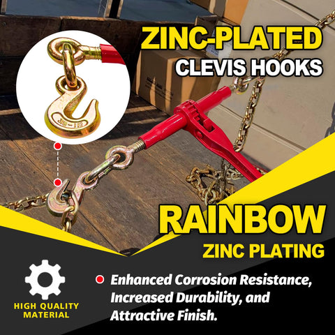 Heavy Duty Ratchet Chain Binders 3/8 To 1/2 Inch, 4 Pack With Clevis Hooks, 9,200 Lbs Working Load shown with zinc-plated hooks