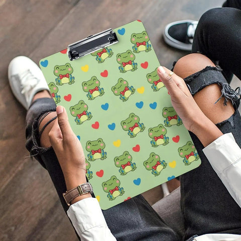Kawaii Print Acrylic Clipboard For Workday Vibes, Thick Clear Clipboard Fits Letter Size Papers, Hanging Hole Office Supply For Home Office, School, And Warehouse Use, Durable Desk Accessory; green frog print