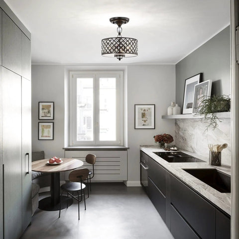 Antique Bronze Crystal Flush Mount Chandelier, Three Light Ceiling Light Fixture With Iron Lattice Frame in modern kitchen setting.