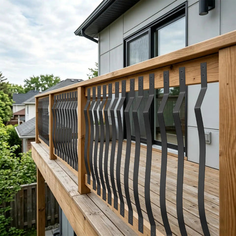 Tough As Nails Wave Deck Balusters 26 Pack Smooth Steel Railing Spindles With Black Mounting Screws 29.5 Inch Tall Posts installed on wooden deck