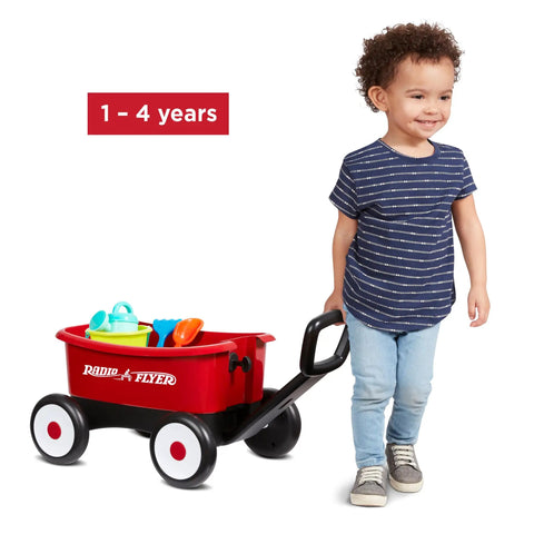 Child using Push And Pull Walker Wagon With Garden Tools For Kids One To Four Years Old Locking Handle For Stability