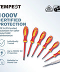 Top Shelf 7 Piece Insulated Screwdriver Set With 1000V Voltage Tester displayed with red comfort grip handles for safe home use.