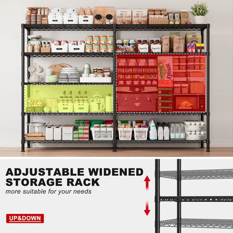 Massive 5 Tier Heavy Duty Metal Storage Shelving Unit 72.8 Inch Wide Wire Shelves With 1600 Lbs Total Weight Capacity For Garage Or Workshop Organization And Easy Clutter Busting, black steel wire rack with adjustable shelves for pantry storage
