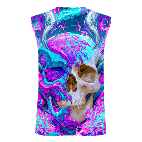 Men 3D Cyber Mechanical Skull Graphic Tank Top featuring vibrant skull print, sleeveless design, great for workouts.