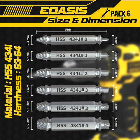 Six Piece Easy Out Screw Extractor Kit For Stripped Bolts And Damaged Screws High Speed Steel HSS 4341 sizes chart