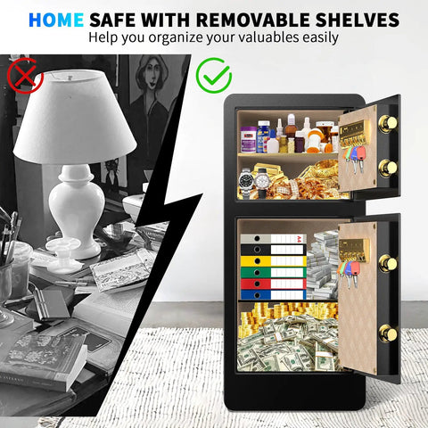 7.5 Cuft Large Fireproof Home Safe With Digital Keypad And Two Doors Hidden Compartment Water And Fire Resistant Box open showing shelves with valuables and cash