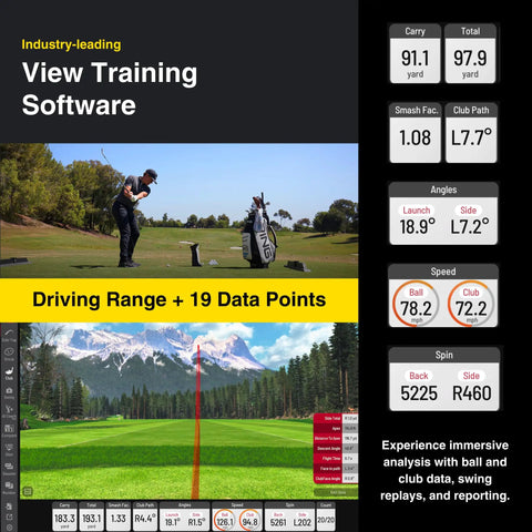 Eye Mini Golf Launch Monitor And Indoor Outdoor Simulator With 19 Precision Metrics display showing swing and ball data.