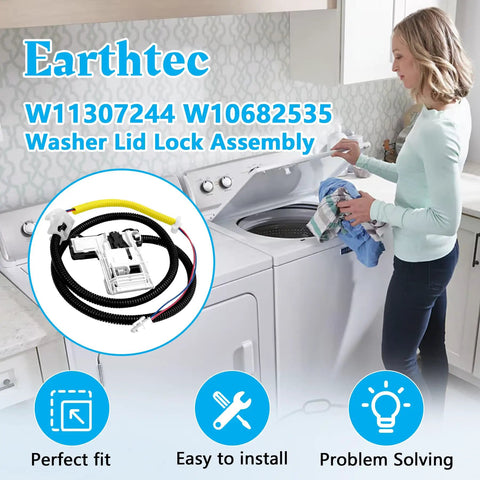 Woman using washing machine with Washing Machine Lid Lock Replacement Assembly visible on countertop