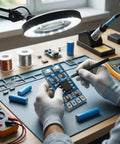 Technician assembling Solar Battery Charger And MPPT Controller For LiPo And Li-Ion Batteries, 1A Output, on a workbench.