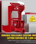 Two Pack Malleable Iron Wall Jacks For Framing Lifting Heavy Beams And Tightening Flooring Compatible With One Inch Steel Pipe Or Standard Wooden Poles Easy To Use Heavy Duty Support Up To 1000 Lbs Capacity For Construction Projects, showcasing durable red iron jacks.