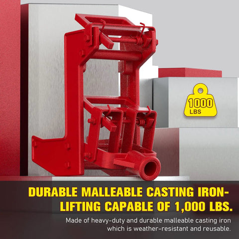 Two Pack Malleable Iron Wall Jacks For Framing Lifting Heavy Beams And Tightening Flooring Compatible With One Inch Steel Pipe Or Standard Wooden Poles Easy To Use Heavy Duty Support Up To 1000 Lbs Capacity For Construction Projects, showcasing durable red iron jacks.